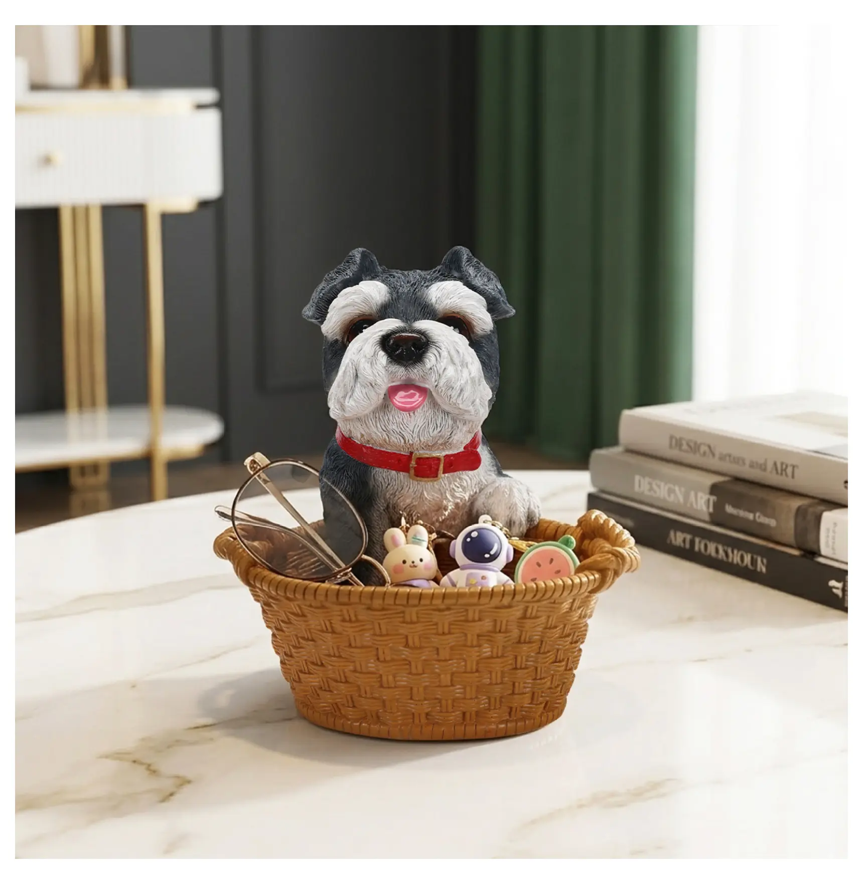 Grey Schnauzer Statue with Basket, Miniature Schnauzer Decor - Dog Lover Gift, Resin Animal Figurine for Home Dcor, Entryway Organizer Yellow+Grey + Resin