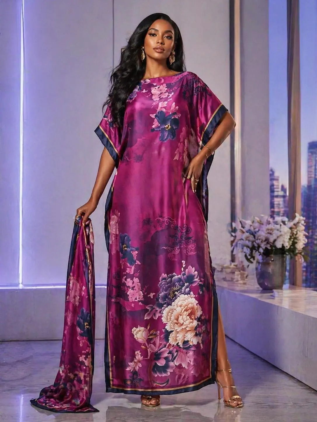 Women's Boho Print Beach Cover Up, Long Sleeve Polyester Kimono Robe with Matching Scarf, Lightweight Sun Protection Outfit, Swimwear Cover Up, Boho Style Outfit, Casual, Holiday, All Seasons, Loose Cut, Swimsuit Coverups, Includes Matching Scarf, Female