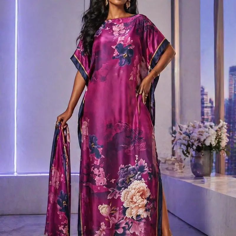【Moomoo】Moomoo for Women Casual Boho Random Pattern Long Sleeve Polyester Kimono Robe Swimsuit Coverup - Thin Woven Fabric, Lightweight Sun Protection, Loose Cut, Vivid Colors, Includes Matching Scarf, Year-Round Usability, Beach Holiday Outfit 010