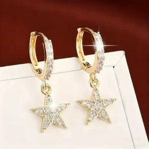 High-end micro-diamond earrings women's shining pentagram zircon pendant ear buckle fashionable and exquisite personalized earrings, Japanese and Korean fashion copper material inlaid with zircon ear buckle