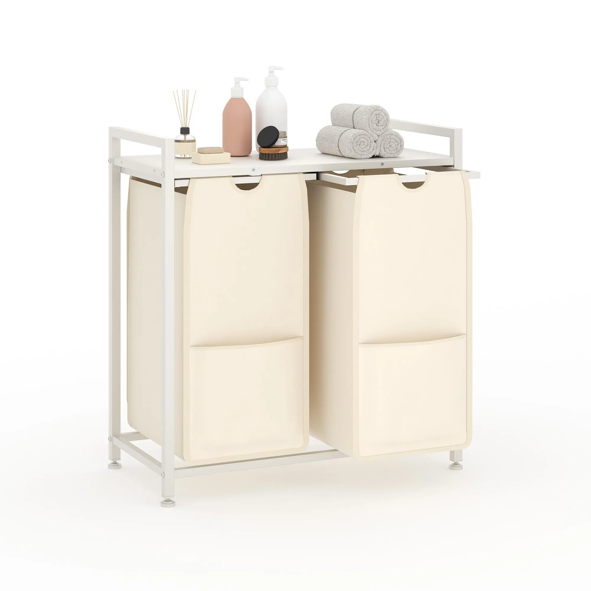 Laundry Sorter, Freestanding White Hamper Basket, 2/3/4 Section Organizers and Storage, Pull-Out Fabric Bags, 100lb Capacity MDF Shelf, Metal Frame, 48L Bags