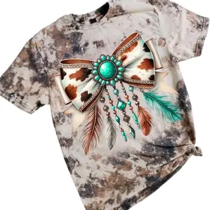 Western Cowhide Turquoise Bow Sublimation Cowhide Bleached Tee