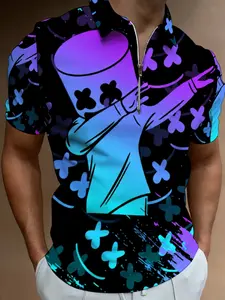 Trendy Printed Short Sleeve Polo Shirt for Men, Fashion Casual Summer Wear, Colorful Geometric Pattern Design, Front Zipper Beach Outfit Top