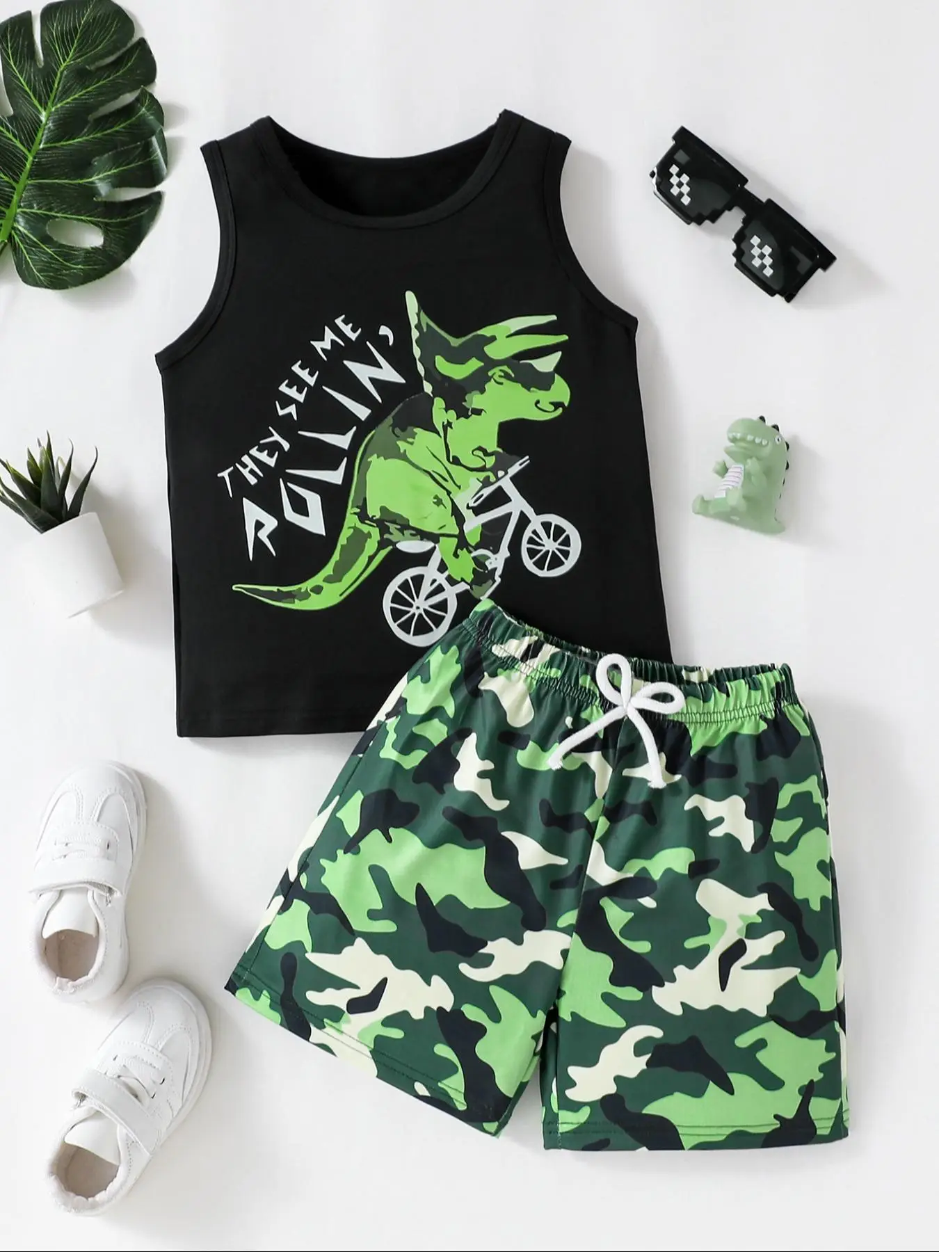 Two-piece Set Boy's Dinosaur Print Tank Top & Camo Print Shorts, Casual Sleeveless Top & Shorts for Daily Wear, Kids Clothing for All Seasons, Toddler