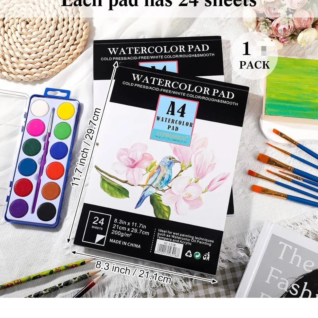 2packs of Watercolor Paper Pad 8.3 x 11.7 Inches Artist Paper 200 GSM Drawing Paper Watercolor Sketchbook for Beginners Adults Students Painting Drawing Art Supplies, 24 Sheets