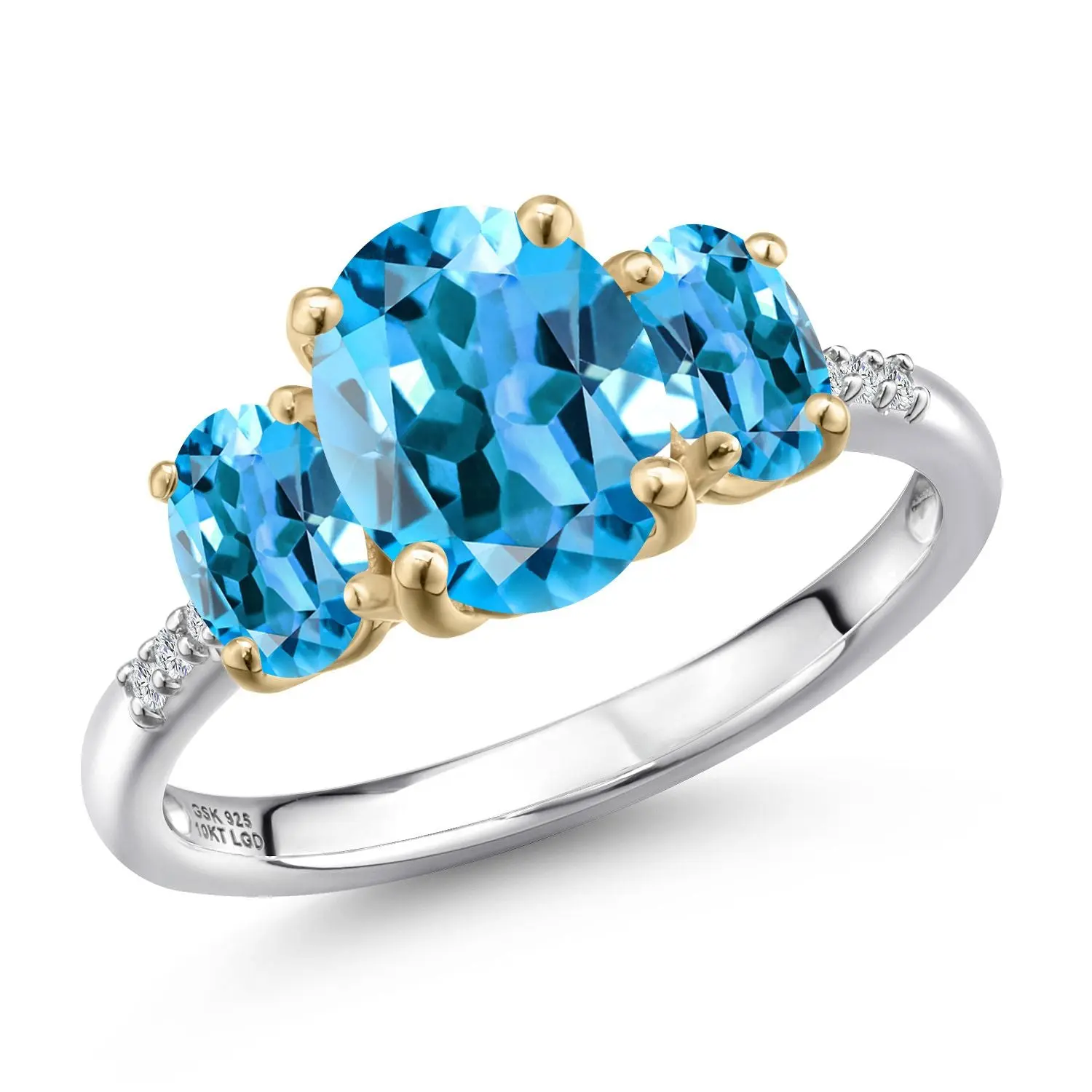 925 Silver and 10K Yellow Gold Swiss Blue Topaz and Lab Grown Diamond Engagement Ring For Women | 3.41 Cttw | Oval 9X7MM | November Birthstone