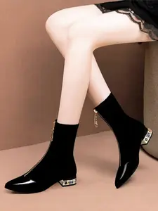 New Women's Elastic Boots 2026, Flat Heel Short Boots, Pointed Toe Slim Fit, Mid-Calf Low Heel, Fashionable All-Season PU Leather Shoes