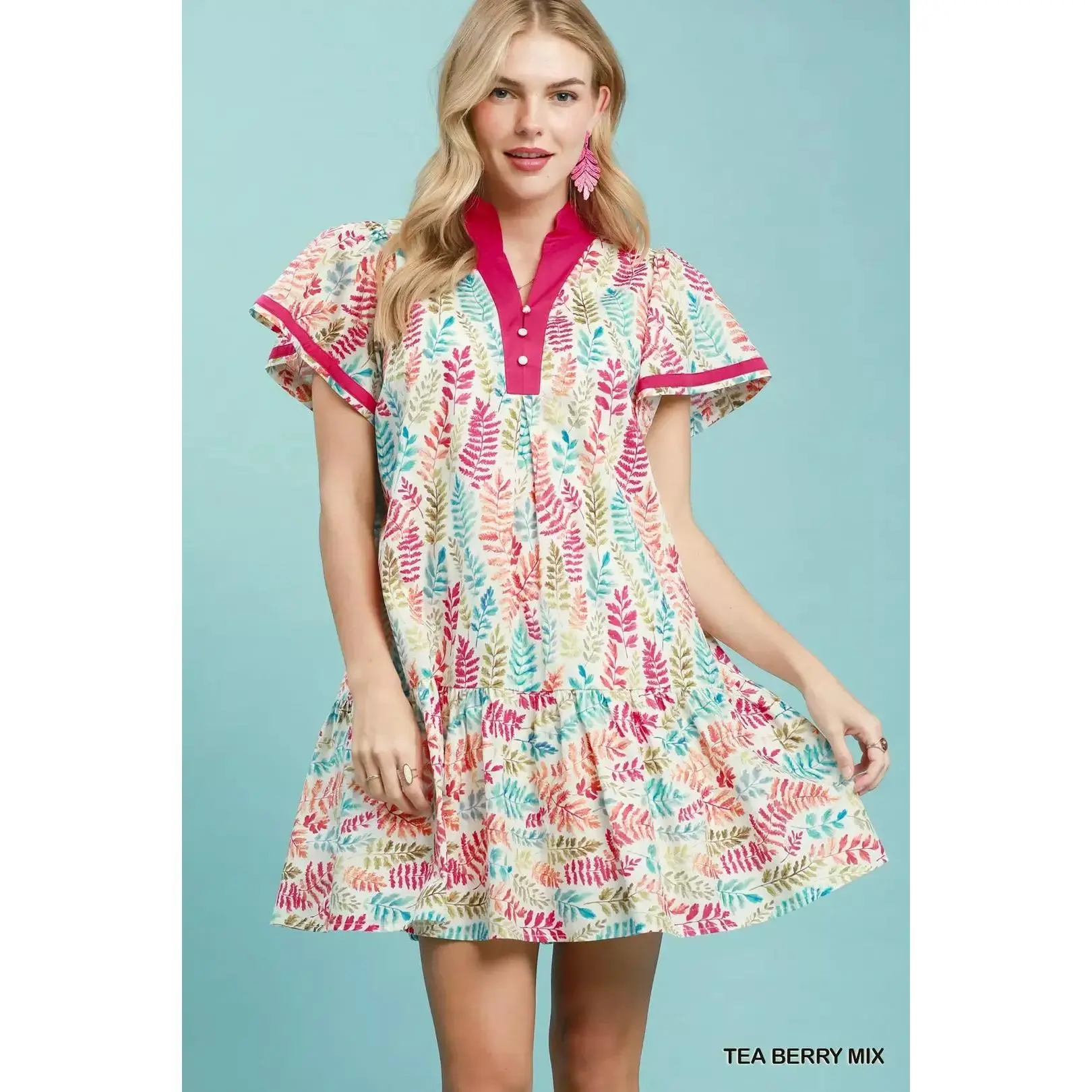 Umgee Leaf Print Flutter Sleeve Tiered Mini Dress