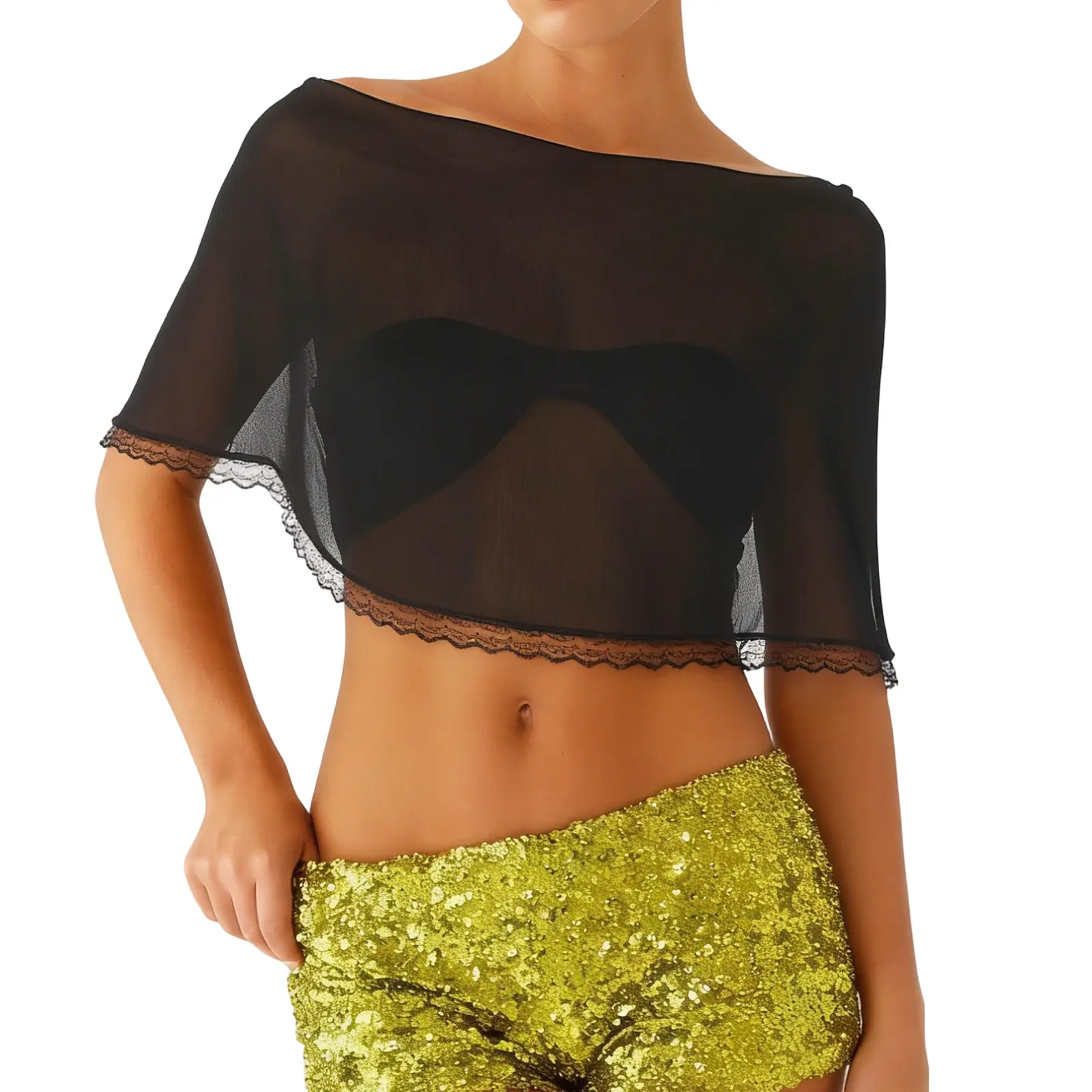 Women's Sheer Hooded Swimwear Cover Up, Mesh Poncho Crop Top with Lace Trim, Flowy Long Sleeve for Beach and Poolside, Beachwear Cover Up, Sheer Cover Ups