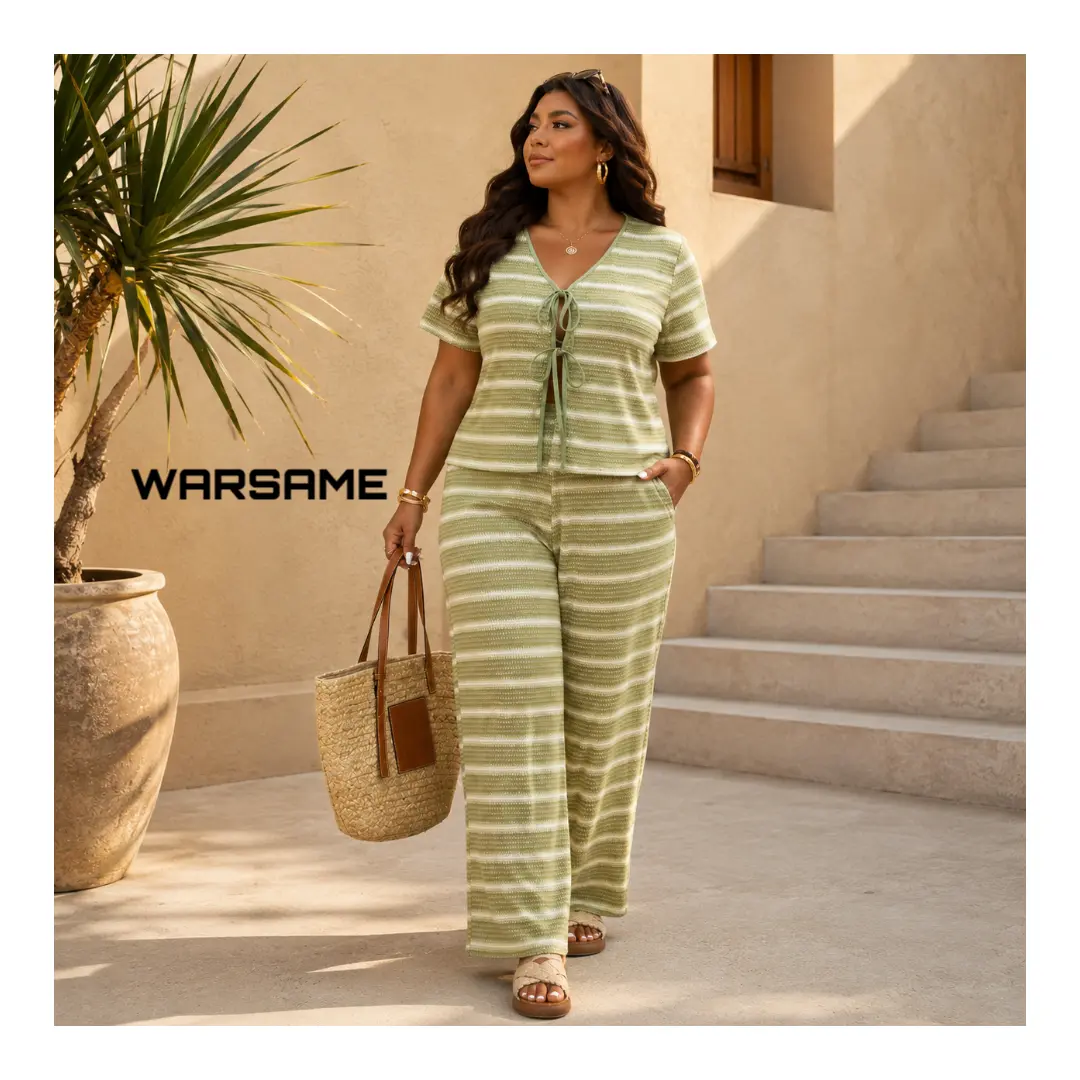 WARSAME Women Plus Size Striped Two Piece Outfits Front Tie Short Sleeve V-Neck Cardigan Top and Wide Leg Pants Set Summer Casual Beach Vacation Lounge Matching Sets