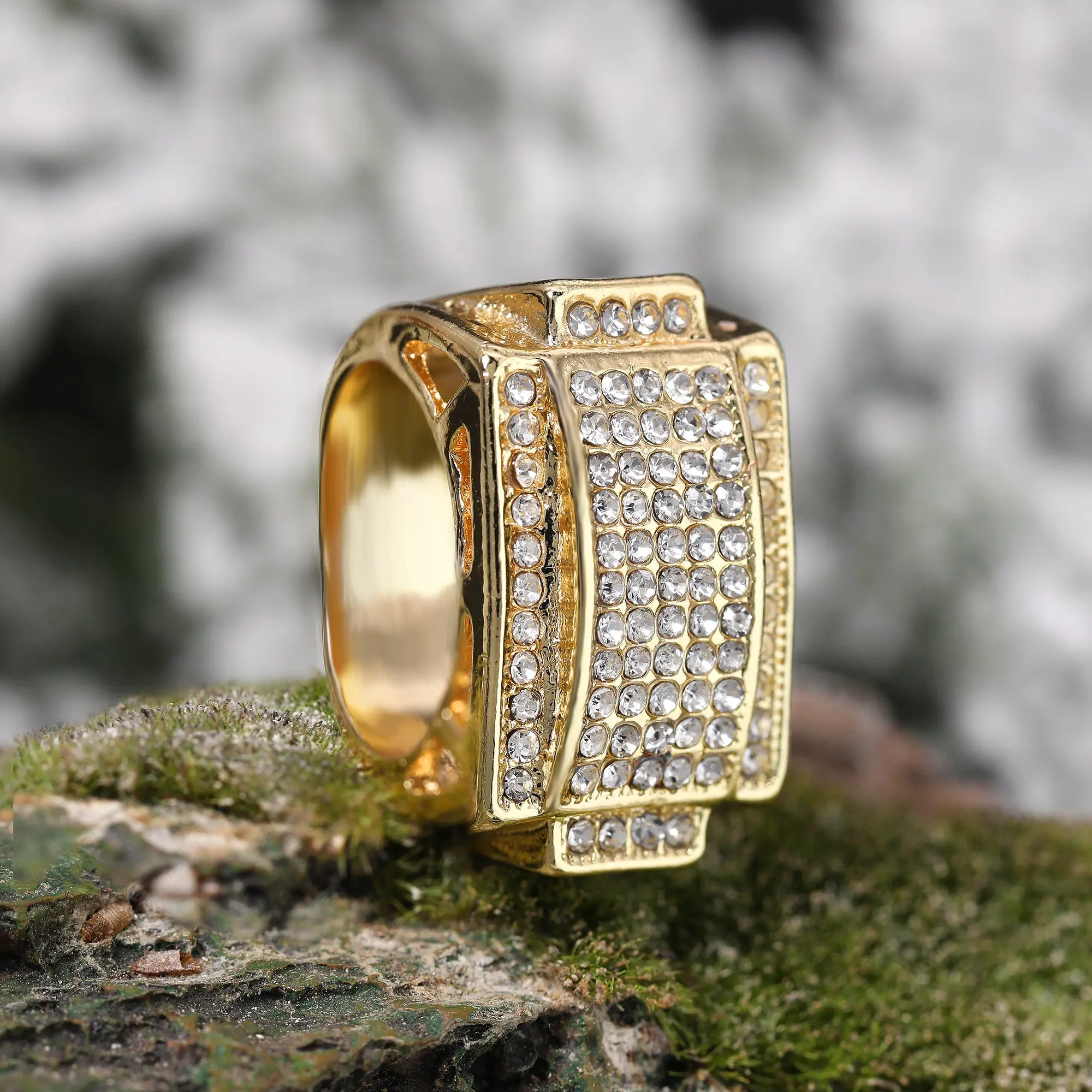 18k Gold Plated Iced Out 3D Rectangular Ring High Fashion Pinky Pimp Ring