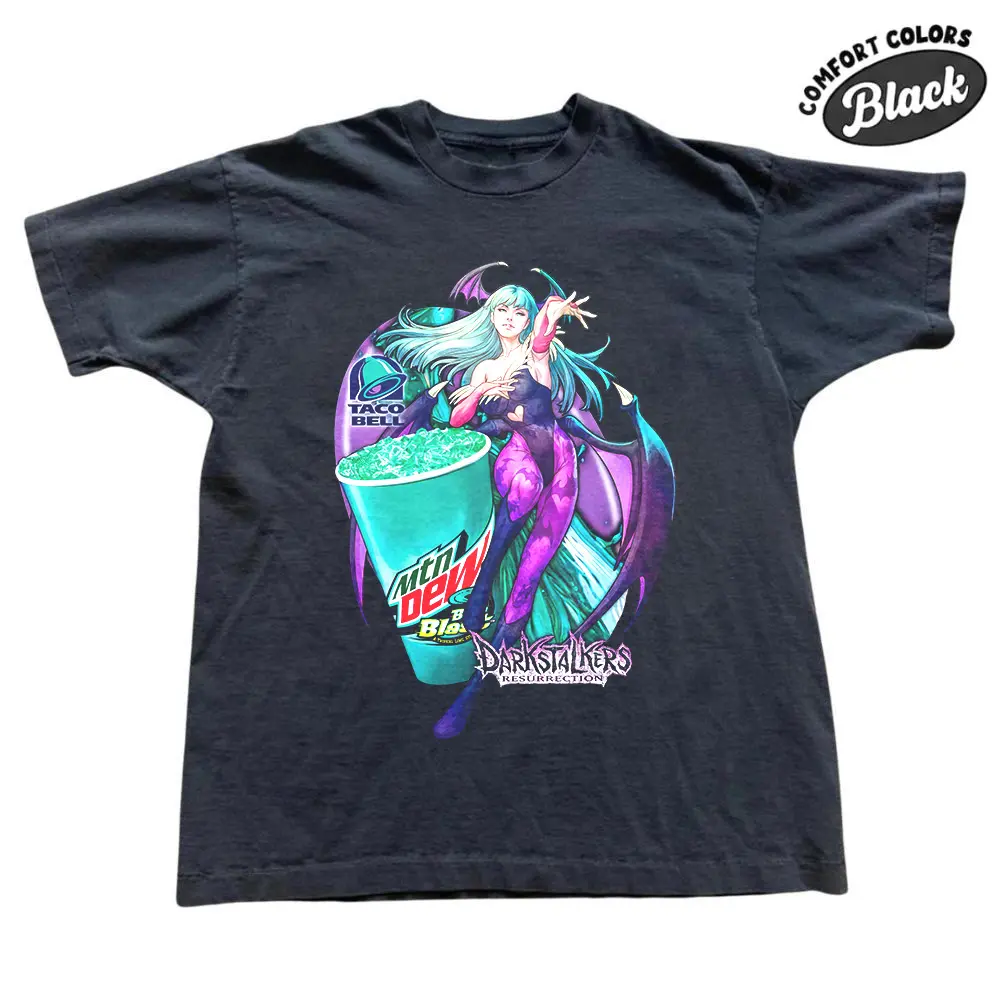 Morrigan Darkstalkers Comfort Color Shirt, Mountain Dew Baja Blast Anime Parody Tee, Taco Bell Gamer Girl Graphic T-shirt, Vaporwave Arcade Y2K Aesthetic Shirt, Gift for Men, Gift for Women, Crew Neck T-shirt, Trending T-shirt