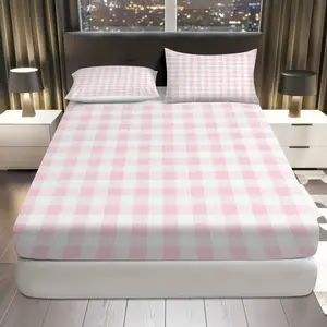 3Pcs Pink Plaid Pattern Fitted sheet Three Piece Set (1*Fitted Sheet+2*Pillowcases, Coreless), Home Decor theme, Checkered Bedding Set, Mattress protector Soft, Breathable