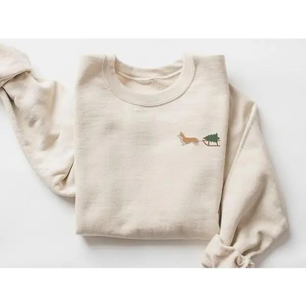 Embroidered Welsh Corgi Christmas Sweatshirt Welsh Corgi Harvesting a Tree Dog Shirt Corgi Mom Gift Corgi Dad Shirt Dog Lover Gift