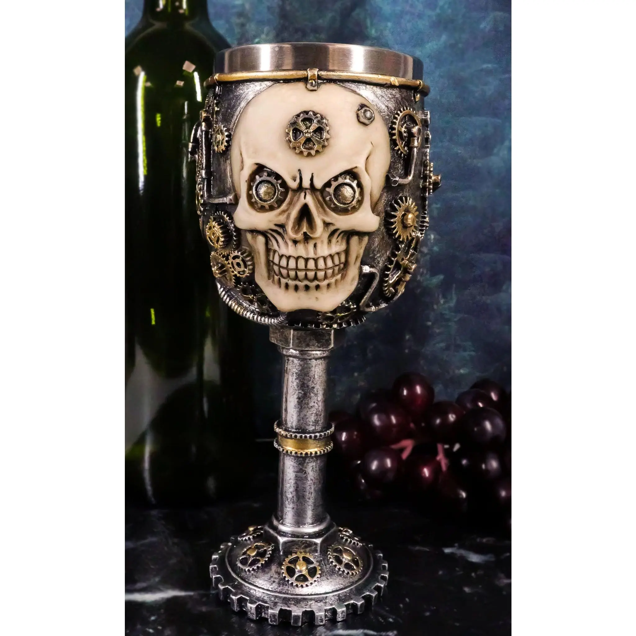Silver Steampunk Mechanical Gearwork Skull Face Wine Goblet Drink Chalice Cup