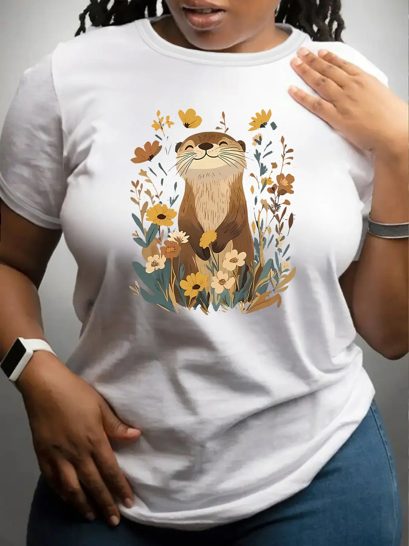 Women's Casual Cartoon Marmot Print Round Neck T-Shirt, Fashion Short Sleeve Top, Slim-Fitting Medium Length, All Seasons