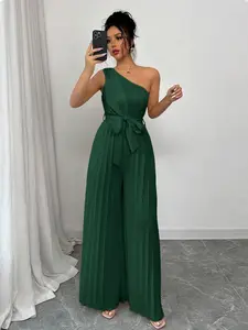 Elenzga Elegant Apricot Color One Shoulder Ruched Jumpsuit For Women - Dark Green