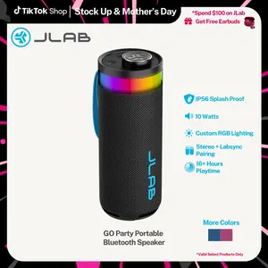 JLab Go Party Portable Bluetooth Speaker 10W Power 16 Hours Playtime RGB Lighting IP56 Waterproof Bluetooth 5.3 EQ3 Sound Modes with Loop Handle