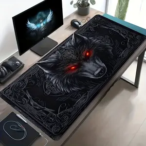 1pc Large-sized Esports Gaming Mouse Pad with a Mysterious-style Red-eyed Black Wolf Totem Pattern, Featuring a Rubber Base. This Oversized Desk Mat Serves as an Office Desk Accessory, Computer Decor Accessory, and Desktop Decoration. It Is an Ideal