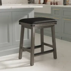 24" Counter Stool, Weathered Gray Finish, Black Leather Seat