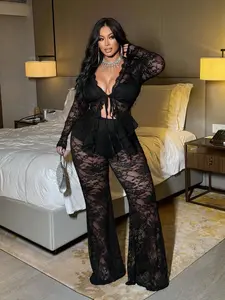 Plus Size Lace Two-Piece Set, Sheer Mesh Long Sleeve V Neck Top with Tie Front, Flared Pants, Sexy Night Out Club Party Wear