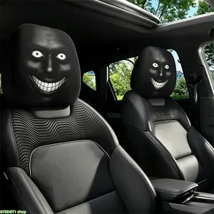Gothic Creepy Smiling Face Car Headrest Covers 2 PCS, Universal Fit for Cars SUVs Trucks, Breathable Fabric Protector, Spooky Black Smile Design, Cool Gothic Auto Accessories, Easy Install & Washable, Elevate Your Ride with Dark Eerie Vibe