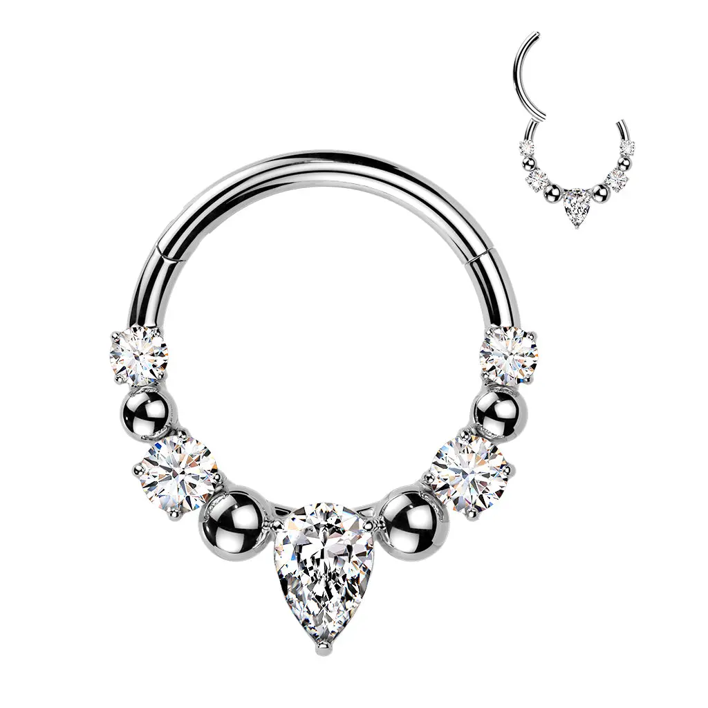 Ball & CZ Hinged Segment Hoop Ring with Teardrop CZ Center – 16G 316L Surgical Steel Septum & Daith Ring