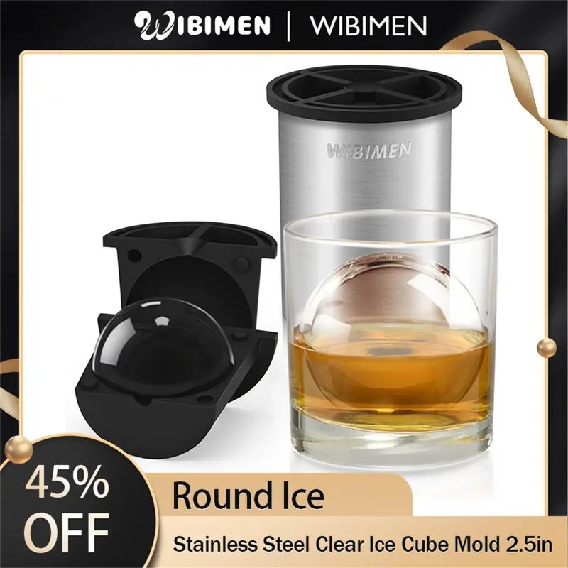 WIBIMEN Durable Metal-Silicone Round Ice Ball Maker, Reusable Crystal Sphere Molds for Drinks, Whiskey, Kitchenware Bar Utensils, Drink Accessories