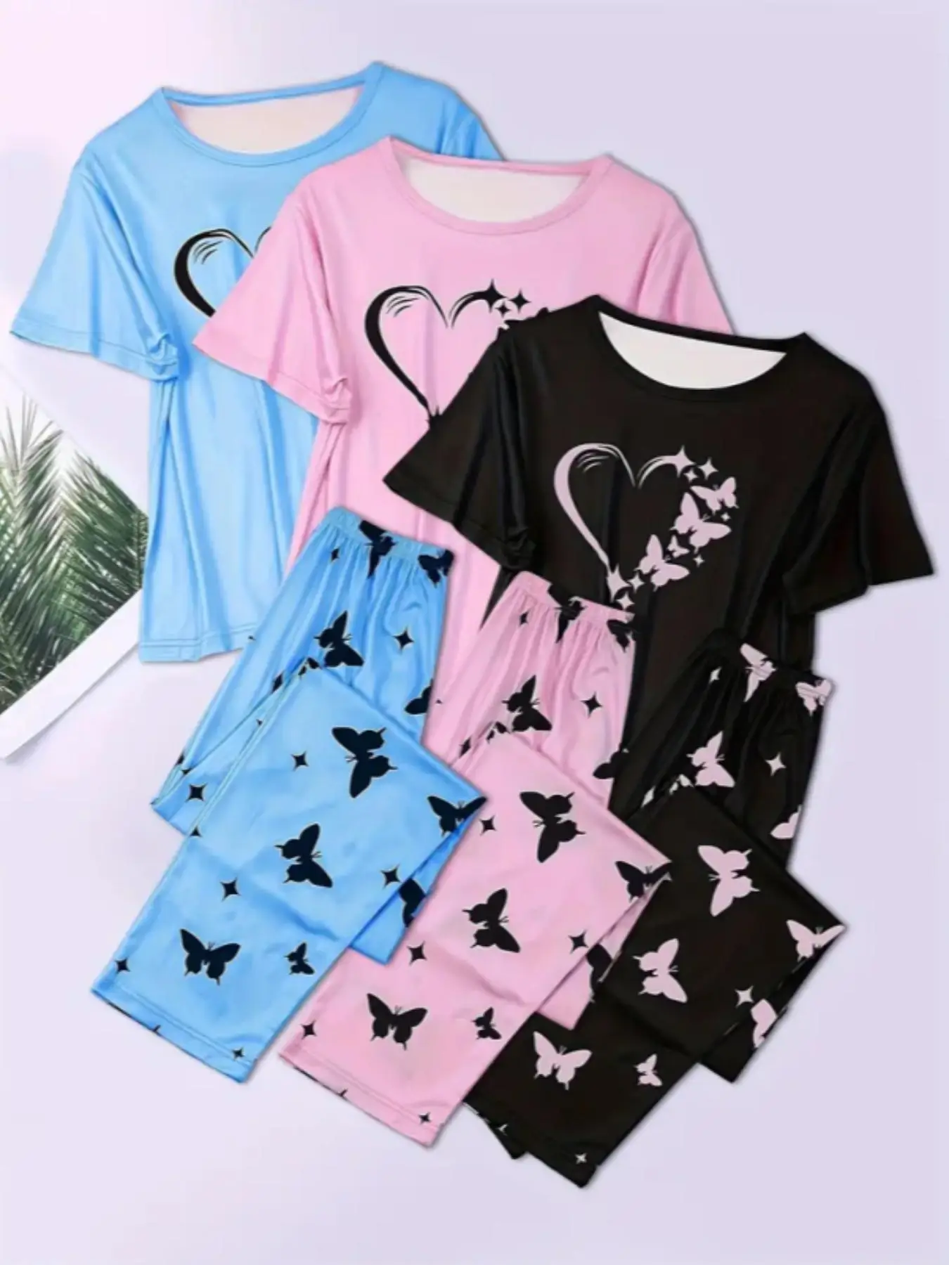 Women's Heart & Butterfly Print Pyjama Set, Lady Comfy T-shirt & Elastic Waist Trousers Set, Women Sleepwear Homewear Clothes for All Seasons, Pajamas