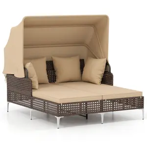 COSTWAY - Outdoor Daybed with Retractable Canopy PE Wicker Rattan Patio Lounger-Brown