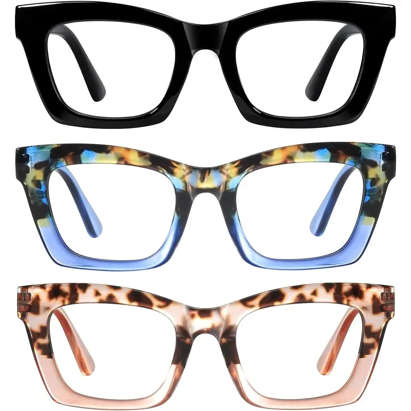 Resjok Women's 3-Pack High Quality Blue Light Blocking Retro Square with Oversized Reading Eyeglasses - Tac Plastic Full Rim, Unisex Fit, Spring Hinge, Adjustable, Eye Fashion Oprah Style, Unique Lens Clarity, Eyeglasses for Phone and Gaming