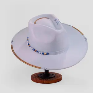 Handcrafted Boho Yaku Sky Hat – Sky Blue Suede Fedora with Gold Trim & Beaded Accent