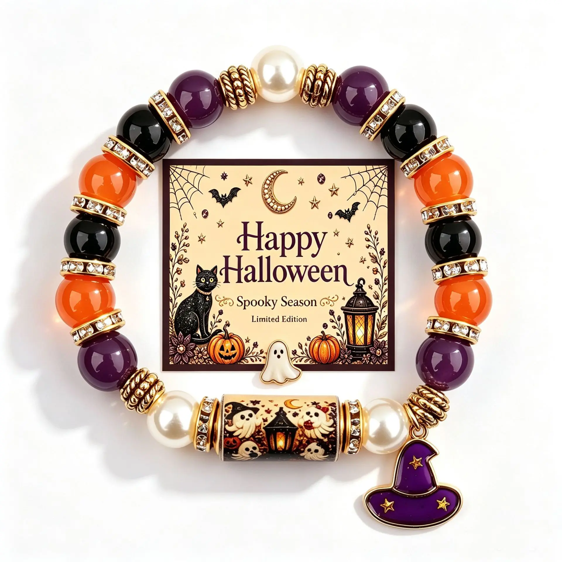 Halloween Black Cat Pumpkin Charm Bracelet, Witch Hat Crystal Beaded Stretch Bracelet, Matching Couples Family Friendship Jewelry Gift for Women