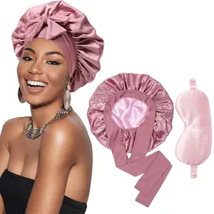 Silk-Like Double Layer Satin Bonnet and Eye Mask 2-piece Set for Women Bonnets for Sleeping   Cap Curly Nightcap with Elastic Tie Band Gifts Fo