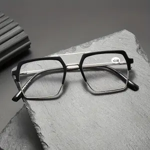 Fashionable Square Retro Tortoiseshell / Double Bridge Reading Glasses / Color Block Design for Men and Women / Premium Metal Frame / Spring Hinges for Comfortable Wear / Clear for Reading, Newspapers, TV, and Computers, Business