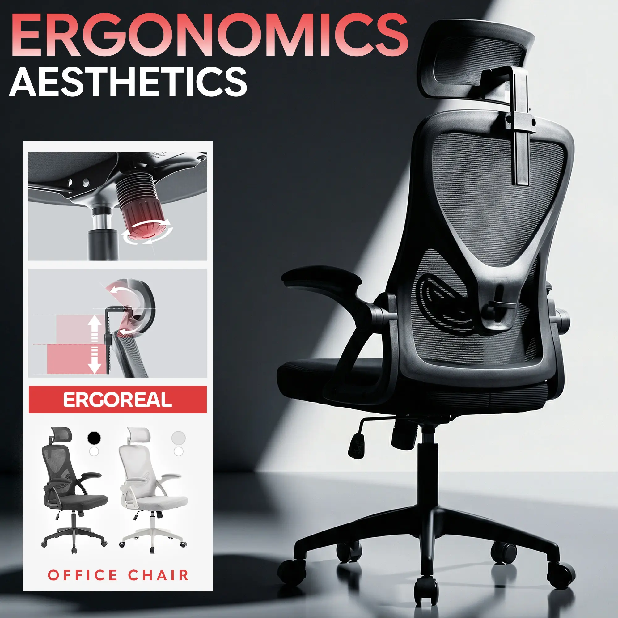 Ergoreal Ergonomic Office Chair with Adjustable Headrest, Lumbar Support and Flip-Up Armrests, High-Back Mesh Computer Desk Chair with Rocking Function, Black