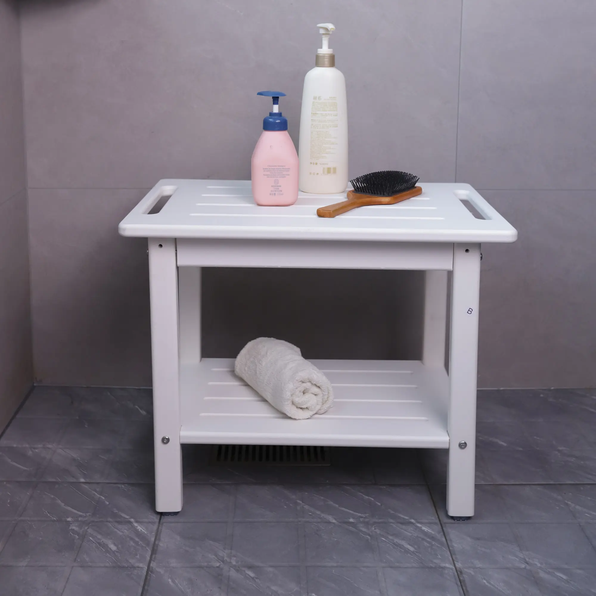 21.23"HDPE Waterproof Shower Stool for Shaving Legs with Baffle Storage Shelf, Shower Seat/Foot Rest for Bathroom, Indoor/Outdoor Use