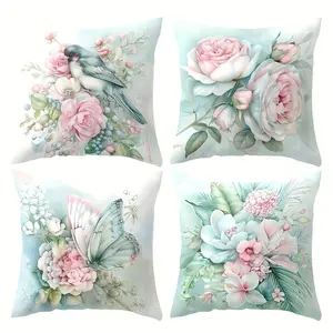 4pcs sofa cushion cover, fresh style and elegant bird butterfly flower pillowcase, home decoration, sofa lumbar support cover, cushion cover without pillow core, Single-sided Printing, Without Pillow Core