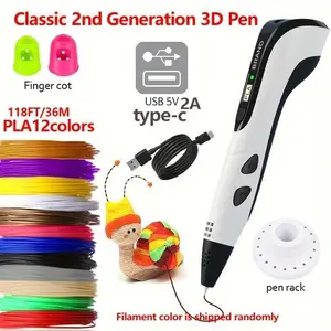 Children's gifts, children's toys Colorful USB-C Charging 3D Printing Pen 3nd Generation 3D Printing Pen with 12 Colors Filament USB Type-C Charging 118FT/36M PLA  DIY Sculpting Tools Creative Learning Art
