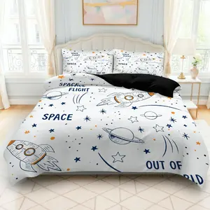 3PCS Duvet Cover Set, 1 Duvet+2 Pillowcases(Without filler), Space Universe Rocket Stars Planet theme, Unique Christmas bedding set, Astronaut Suitable for decoration bedroom dormitory study room studio