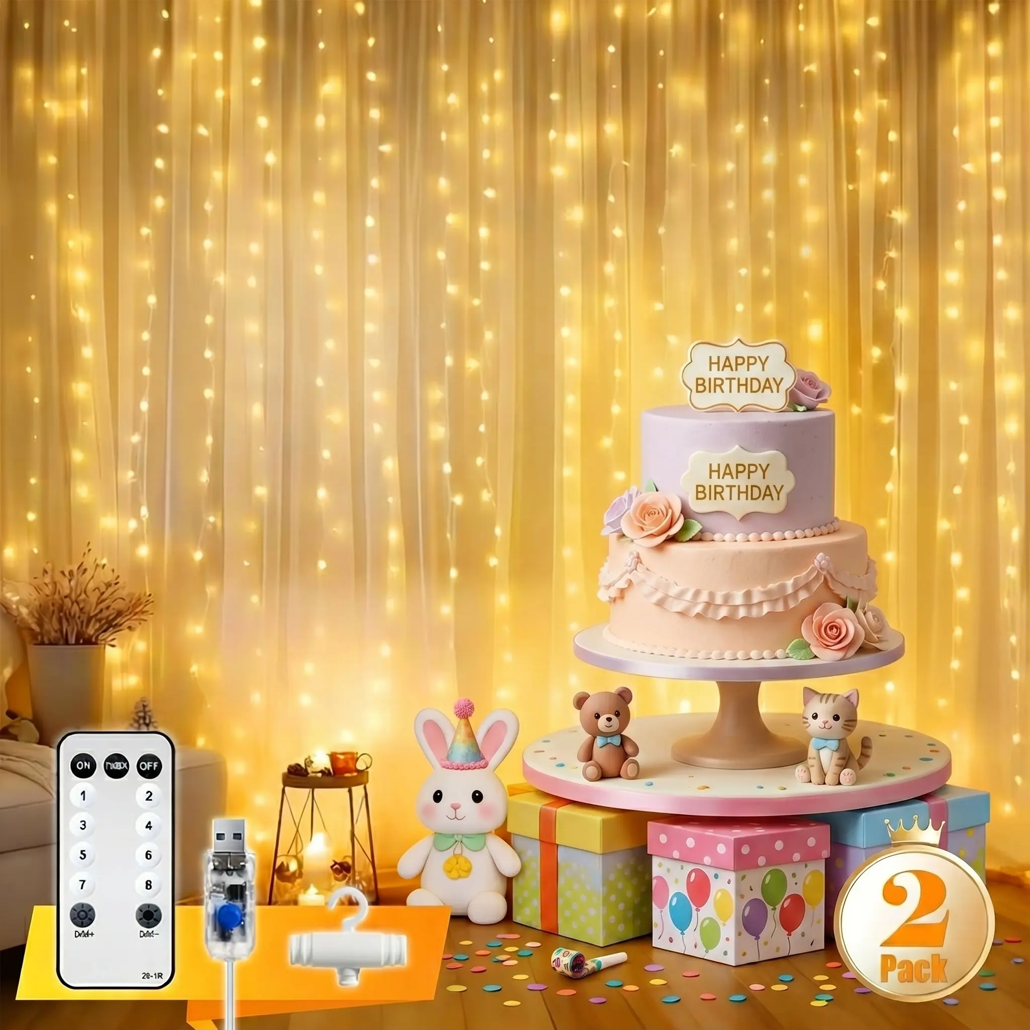 2PACK 300LED Fairy Curtain Lights, 9.8x9.8ft Copper Wire LED Curtain Lights, USB Powered Warm White Curtain String Lights, 8 Modes Christmas Decorations, Hanging Curtain Lights with Remote Control for Bedroom, Indoor, Curtain, Christmas Decorations box