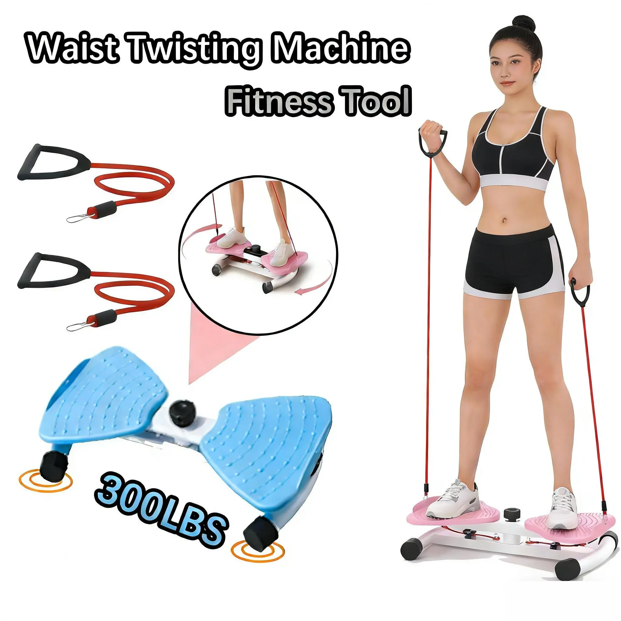 Unisex Waist Twister Ab Machine with 300lbs Cap, Anti-Slip Noiseless Twist Board, Adjustable Resistance Bands, Foot Pads for Home Gym Exercise