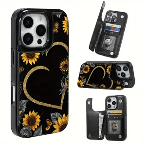 It is suitable for iPhone17 16 15 14 13 12 PRO MAX PLUS,AIR series,Loving chrysanthemum The practical phone case with pattern design features a card slot and multiple functions such as bank cards and public transportation cards.