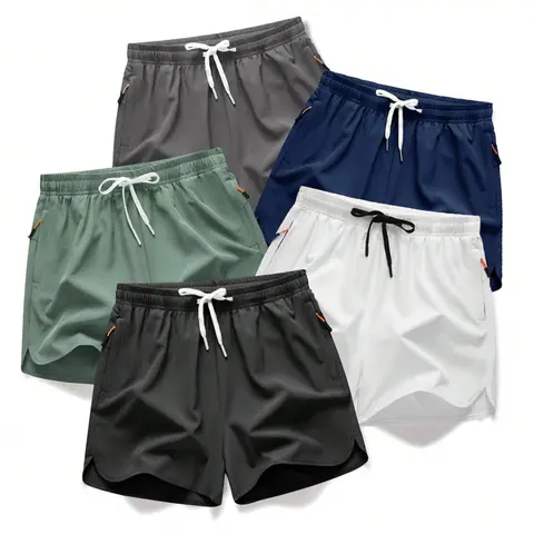 Men's Solid Beige 5-Pack Tropical Beach Shorts - Lightweight, Breezy, Breathable Thin Fabric, Quick Dry, Drawstring, Zip Pocket, Fitted Cut, Above-Knee, Daily Wear Swim Bottoms, Gift for Him
