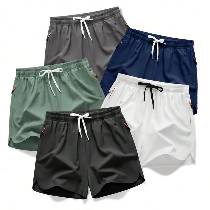 Men's Solid Beige 5-Pack Tropical Beach Shorts - Lightweight, Breezy, Breathable Thin Fabric, Quick Dry, Drawstring, Zip Pocket, Fitted Cut, Above-Knee, Daily Wear Swim Bottoms, Gift for Him