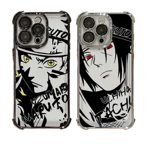 This is a two-in-one electroplated phone case with a Sasuke design from the anime Naruto, featuring four corner airbags. It's compatible with iPhone 12, 13, 14, 15, 16, and 17, and is a transparent, drop-proof phone case.
