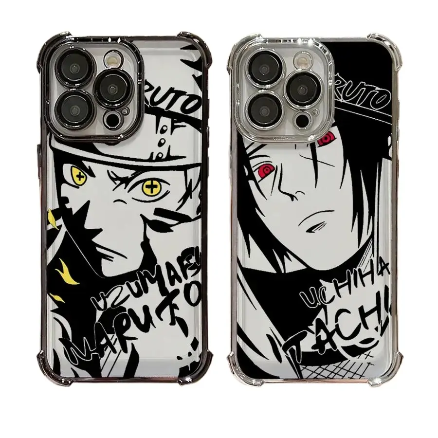 This is a two-in-one electroplated phone case with a Sasuke design from the anime Naruto, featuring four corner airbags. It's compatible with iPhone 12, 13, 14, 15, 16, and 17, and is a transparent, drop-proof phone case.