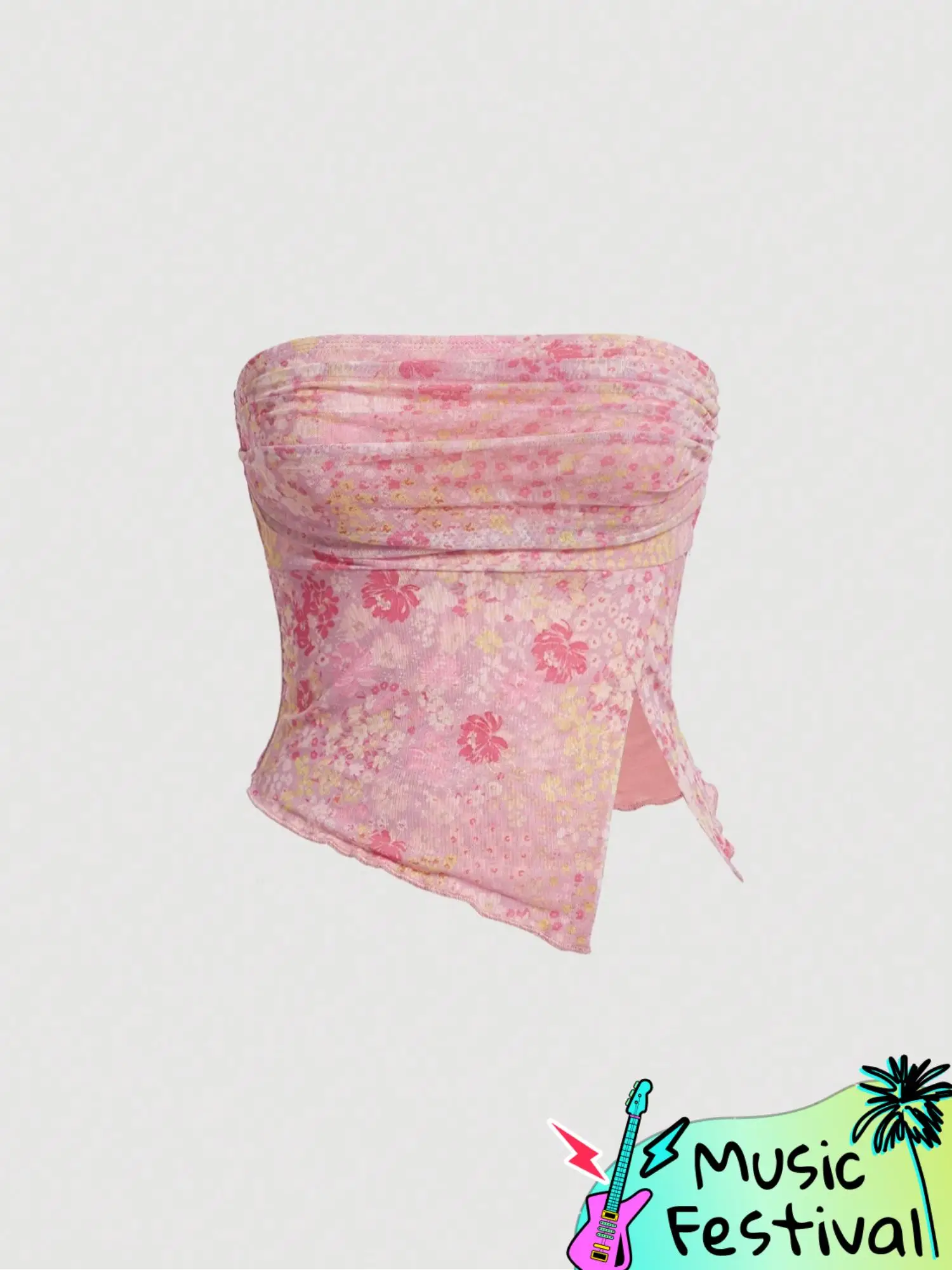 Women's Floral Print Asymmetrical Ruched Crop Tube Top, Casual 2000s Y2K Split Hem Backless Sleeveless Top for Summer, Bandeau Tops, Fashion Women's T