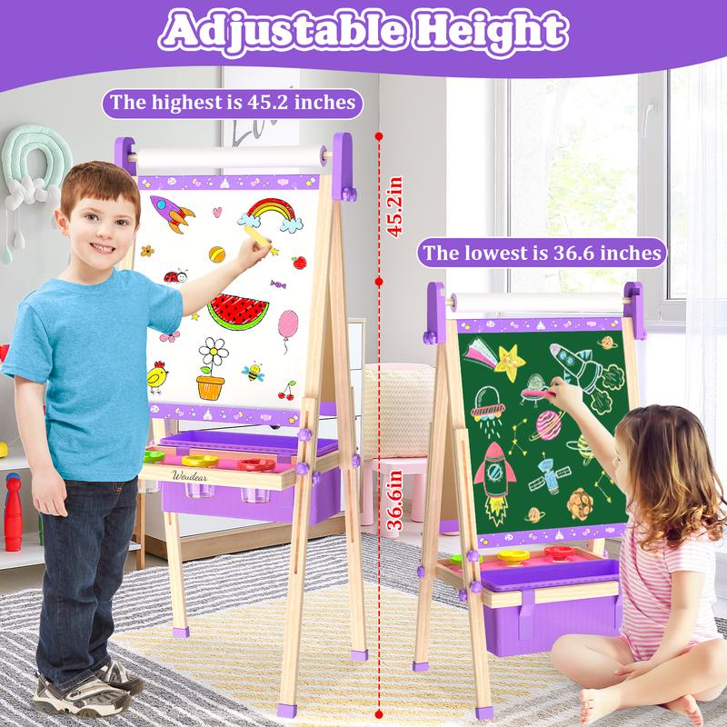 【Kids Gifts】Art Easel for Kids,Adjustable Wooden Kids Art Easel with Paper Roll,Double-Sided Magnetic Toddler Easels,Dry Erase Whiteboard and Chalk Board,Toys for 3 4 5 6 7 8 9 10 Year Old Girl Boy Gift