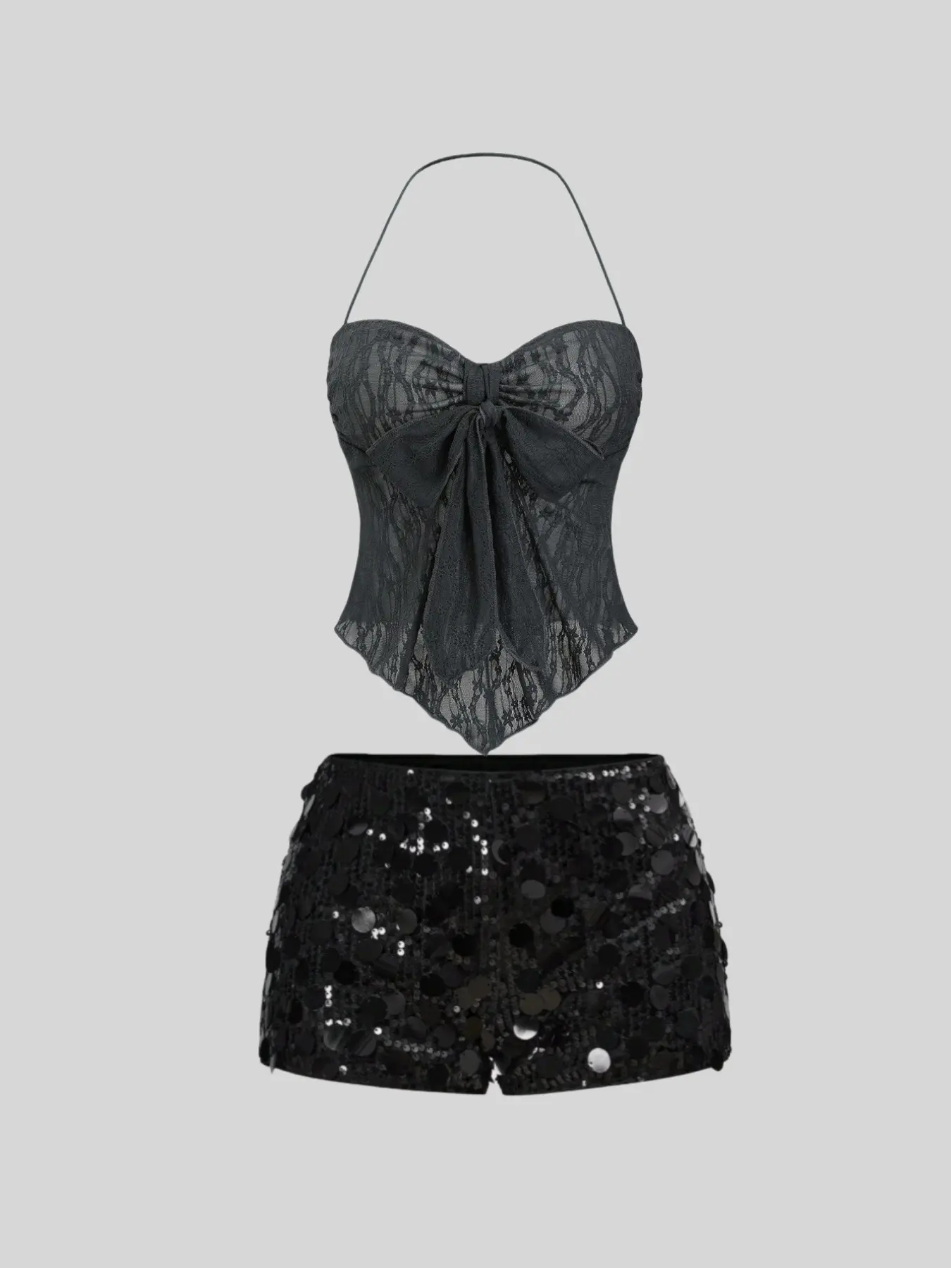 Trendy Pure Desire Sexy Backless Big Sequins Women's Shorts Set, Casual Fitted Plain Design, Regular Length, Perfect for Summer